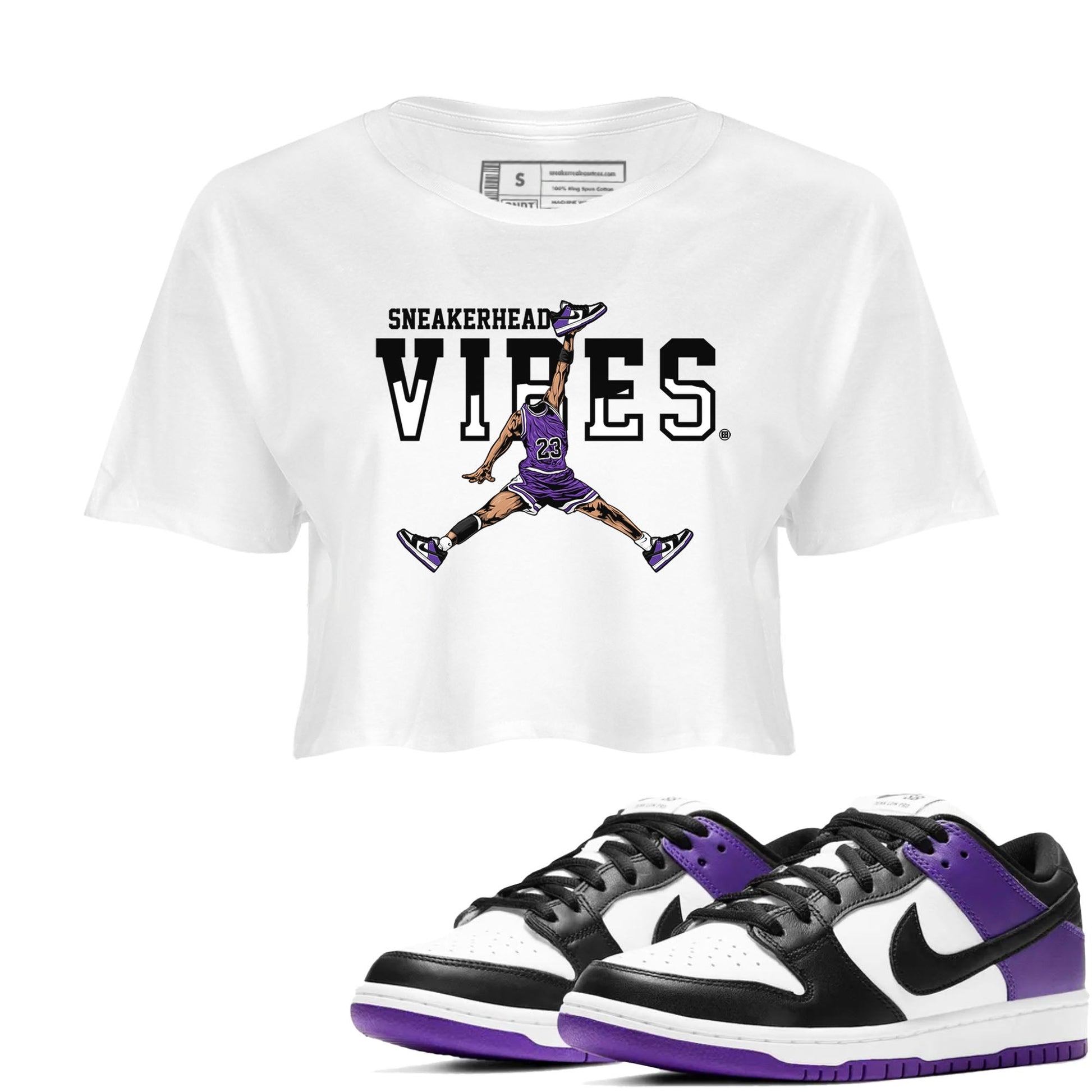 Sneakerhead Vibes sneaker match tees to Court Purple Dunks street fashion brand for shirts to match Jordans SNRT Sneaker Tees Dunk Low Court Purple unisex t-shirt White 1 crop shirt