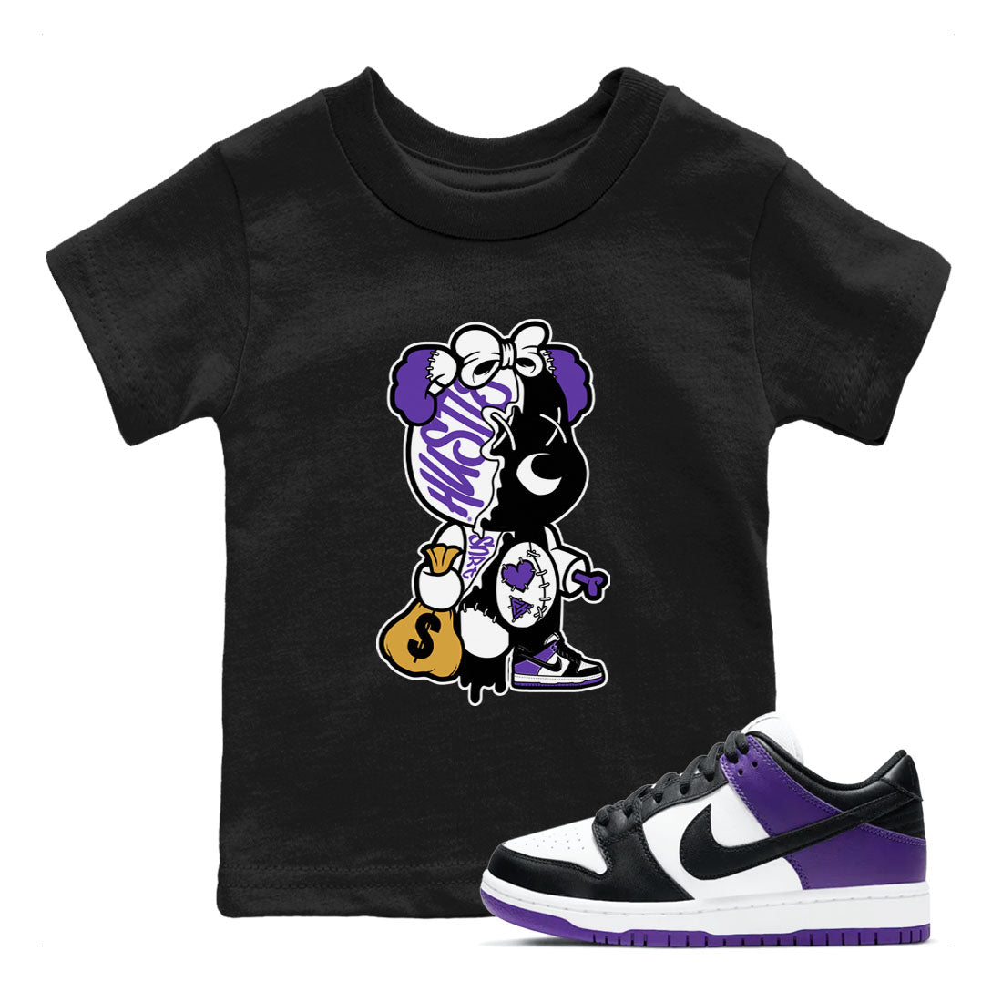 Stitched Hustle Bear unique Halloween sneaker tee to Court Purple Dunks street fashion brand for shirts to match Jordans SNRT Sneaker Tees Dunk Low Court Purple unisex t-shirt Black 1 youth shirt
