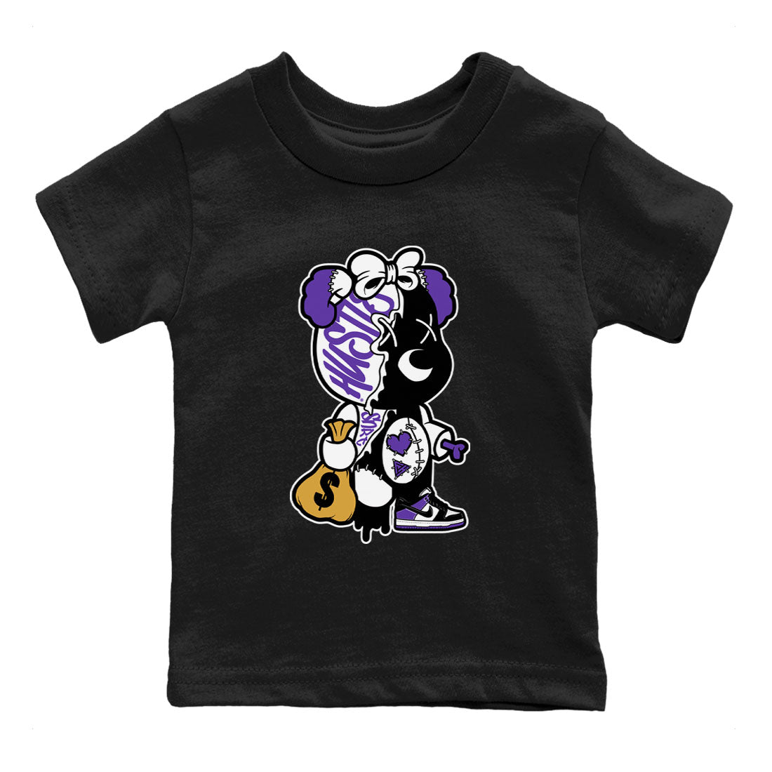 Stitched Hustle Bear unique Halloween sneaker tee to Court Purple Dunks street fashion brand for shirts to match Jordans SNRT Sneaker Tees Dunk Low Court Purple unisex t-shirt Black 2 youth shirt