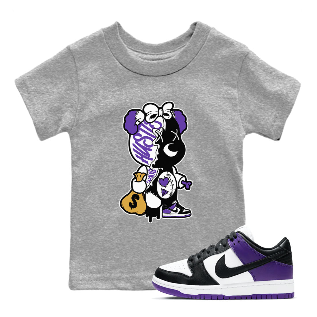Stitched Hustle Bear unique Halloween sneaker tee to Court Purple Dunks street fashion brand for shirts to match Jordans SNRT Sneaker Tees Dunk Low Court Purple unisex t-shirt Heather Grey 1 youth shirt