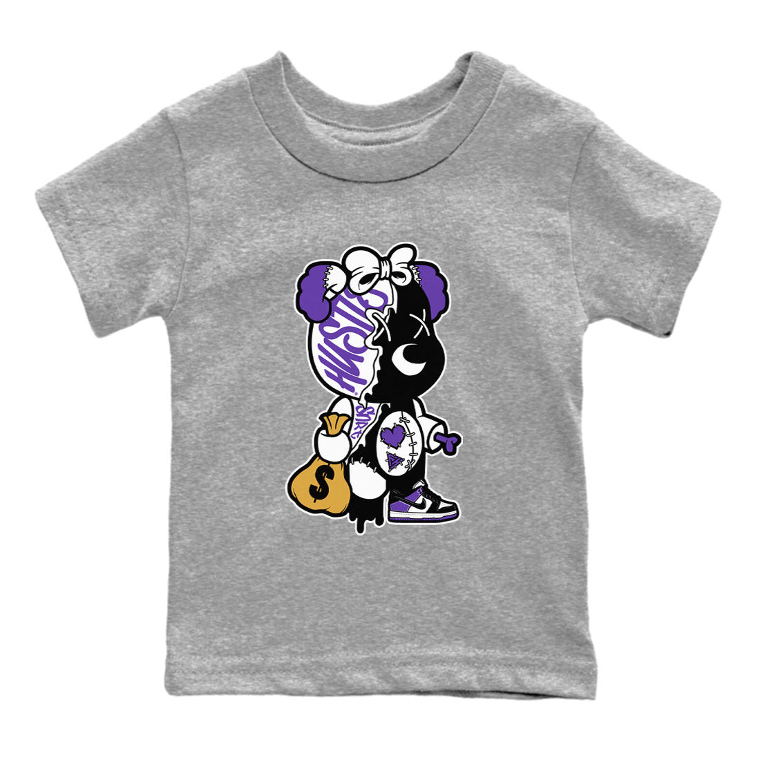 Stitched Hustle Bear unique Halloween sneaker tee to Court Purple Dunks street fashion brand for shirts to match Jordans SNRT Sneaker Tees Dunk Low Court Purple unisex t-shirt Heather Grey 2 youth shirt