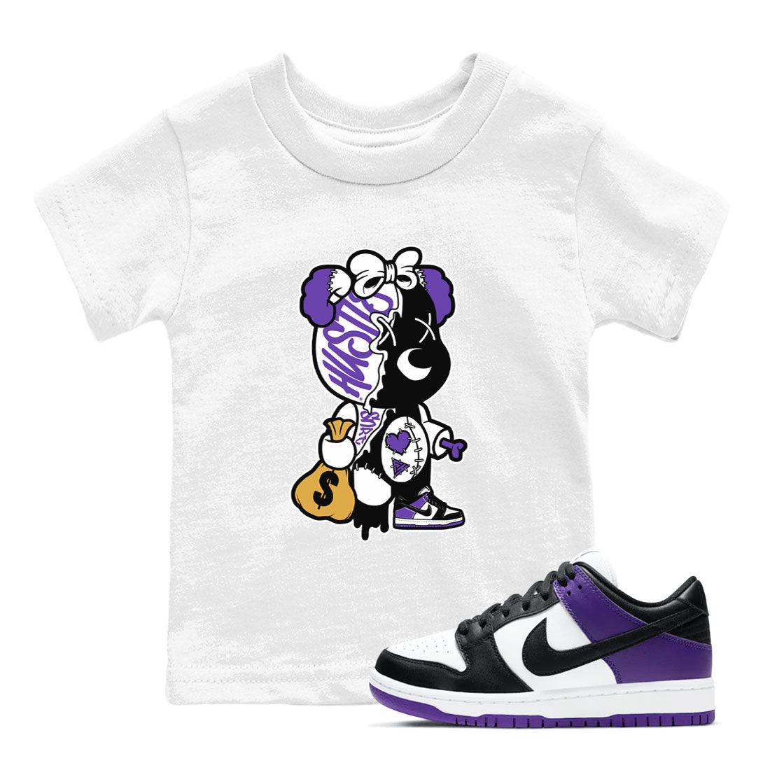 Stitched Hustle Bear unique Halloween sneaker tee to Court Purple Dunks street fashion brand for shirts to match Jordans SNRT Sneaker Tees Dunk Low Court Purple unisex t-shirt White 1 youth shirt