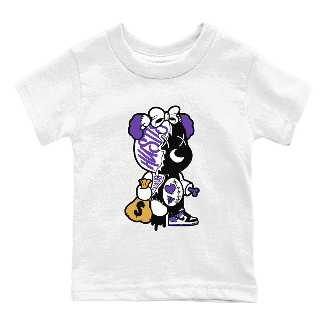 Stitched Hustle Bear unique Halloween sneaker tee to Court Purple Dunks street fashion brand for shirts to match Jordans SNRT Sneaker Tees Dunk Low Court Purple unisex t-shirt White 2 youth shirt
