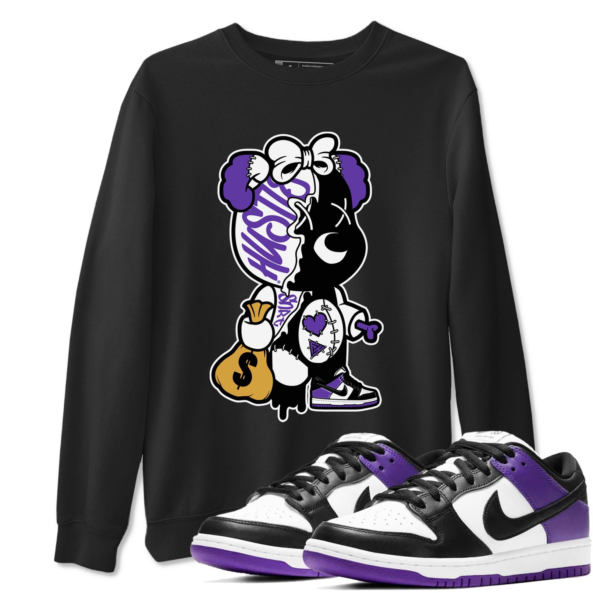 Stitched Hustle Bear unique Halloween sneaker tee to Court Purple Dunks street fashion brand for shirts to match Jordans SNRT Sneaker Tees Dunk Low Court Purple unisex t-shirt Black 1 unisex shirt