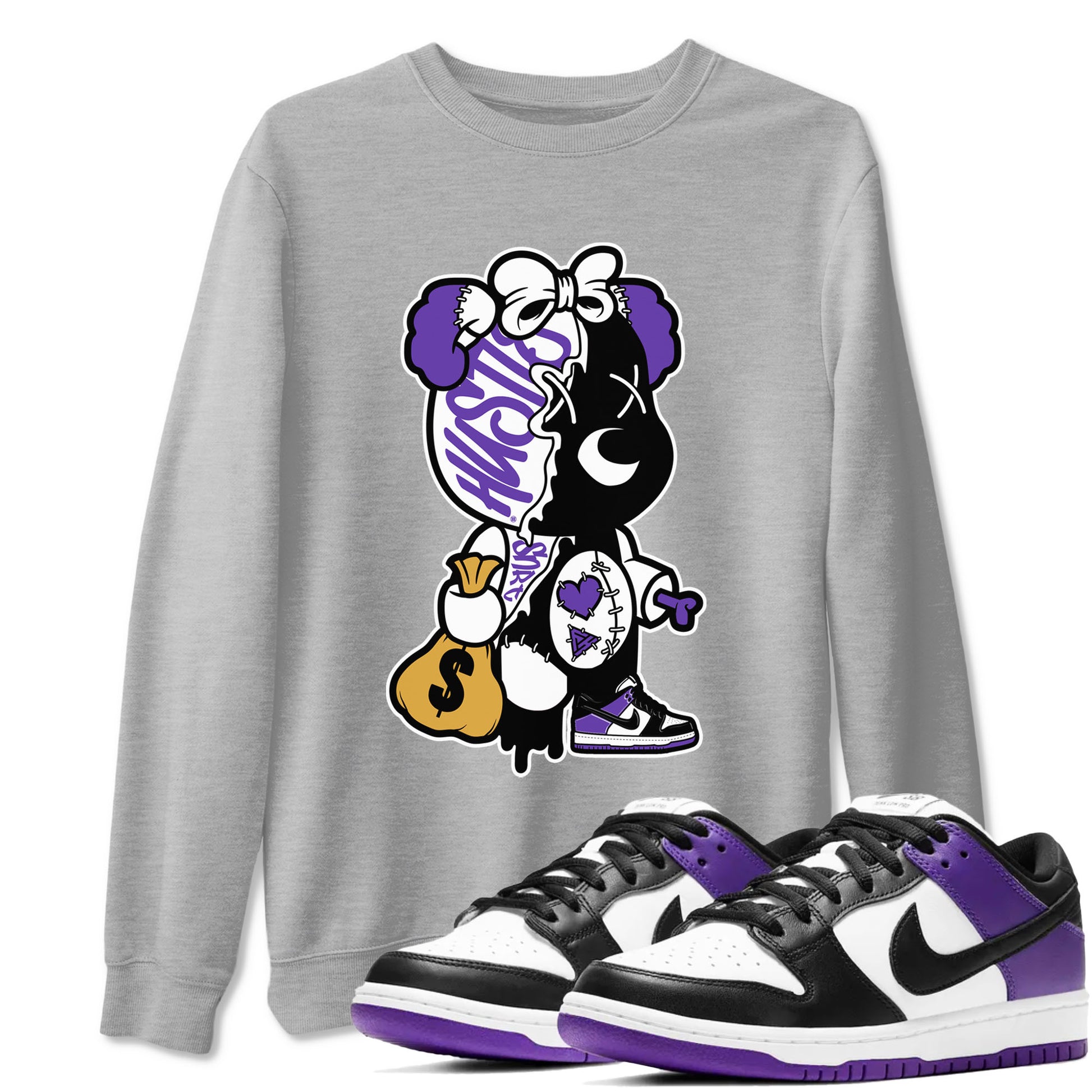 Stitched Hustle Bear unique Halloween sneaker tee to Court Purple Dunks street fashion brand for shirts to match Jordans SNRT Sneaker Tees Dunk Low Court Purple unisex t-shirt Heather Grey 1 unisex shirt