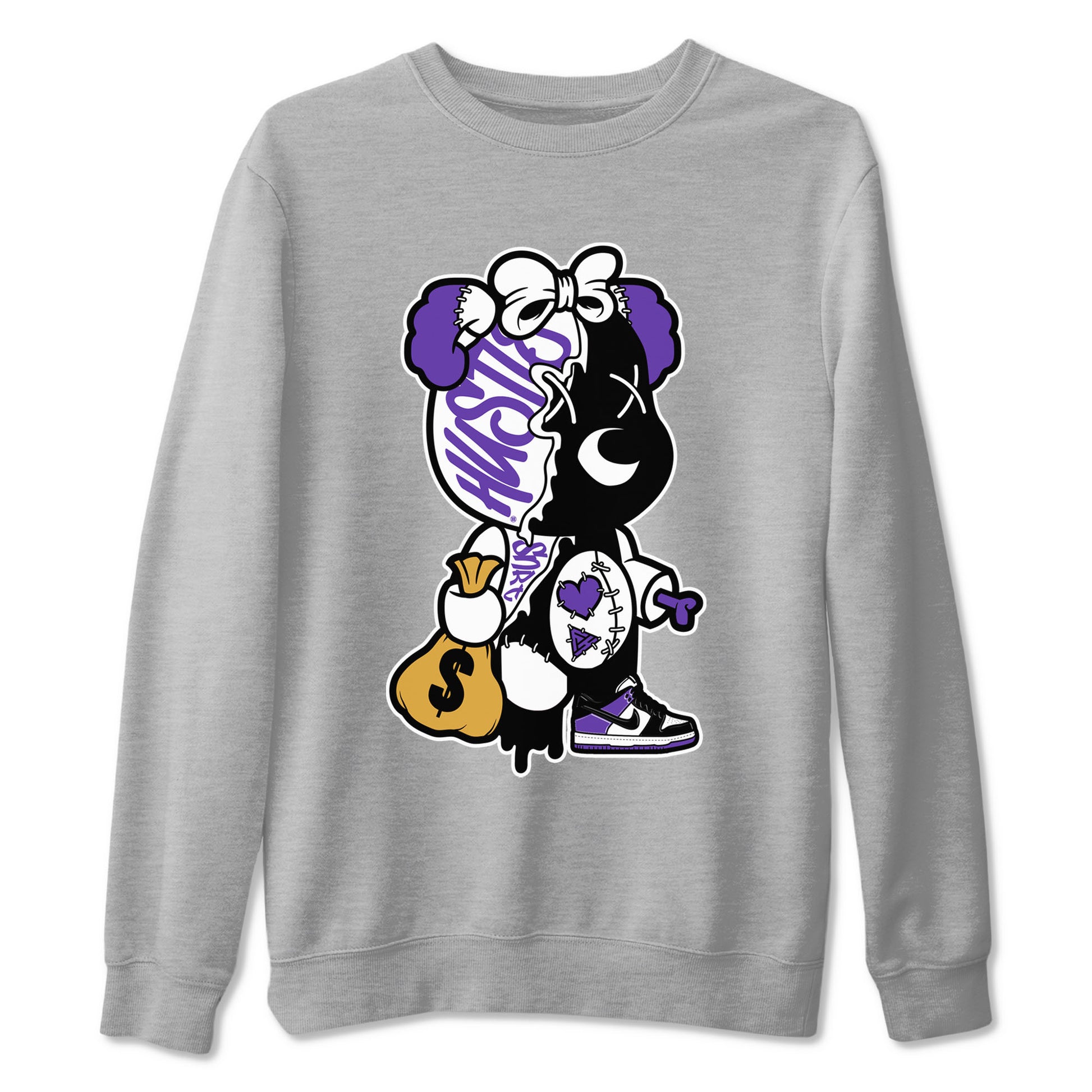 Stitched Hustle Bear unique Halloween sneaker tee to Court Purple Dunks street fashion brand for shirts to match Jordans SNRT Sneaker Tees Dunk Low Court Purple unisex t-shirt Heather Grey 2 unisex shirt