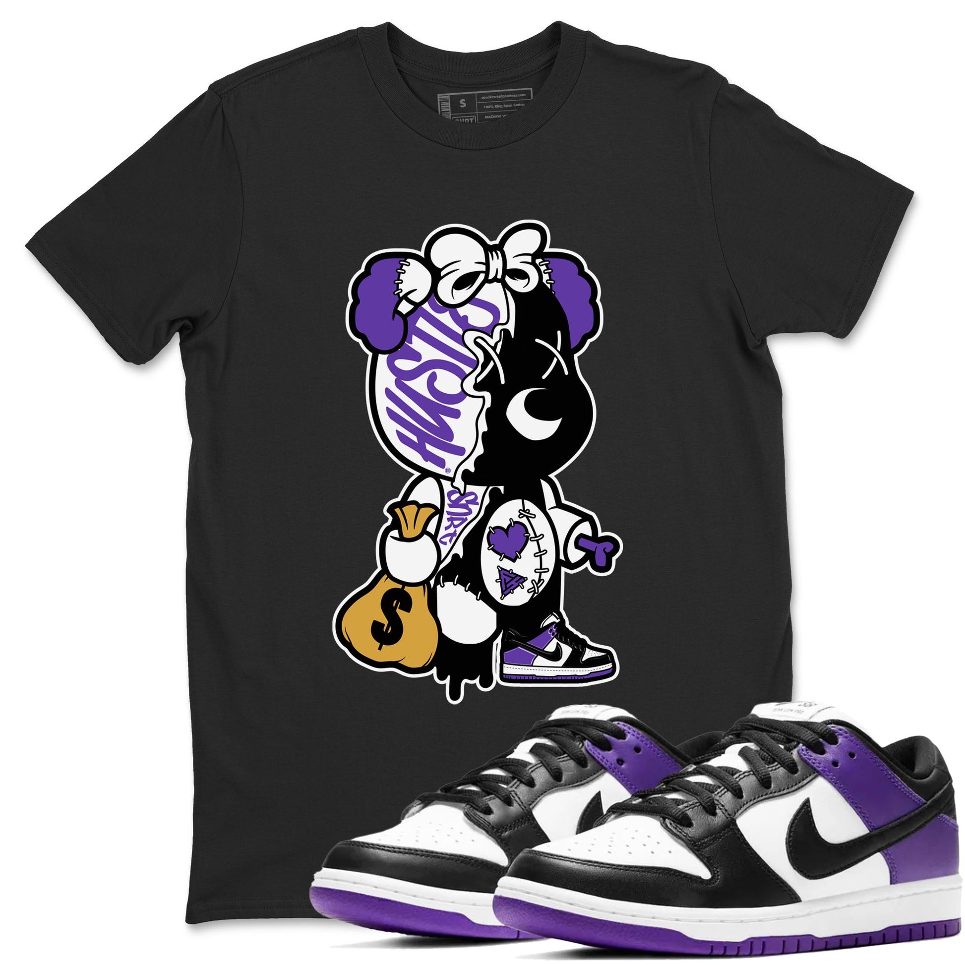 Stitched Hustle Bear unique Halloween sneaker tee to Court Purple Dunks street fashion brand for shirts to match Jordans SNRT Sneaker Tees Dunk Low Court Purple unisex t-shirt Black 1 unisex shirt