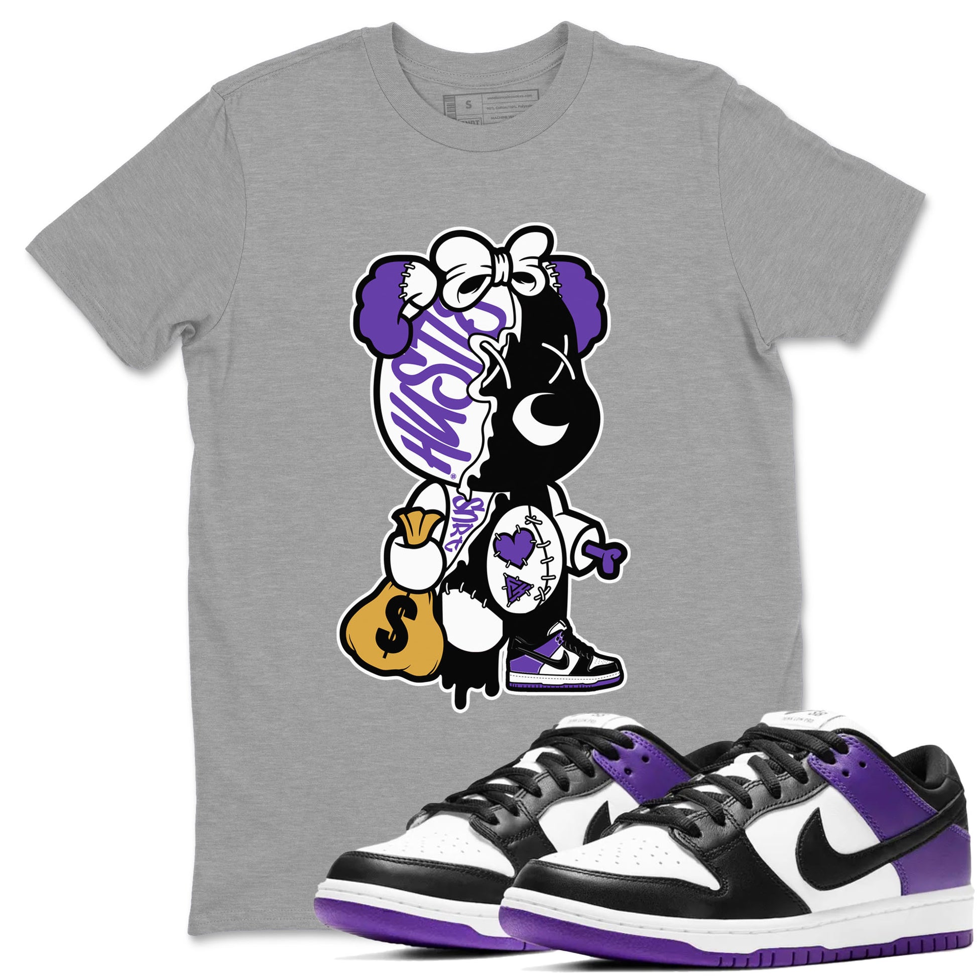 Stitched Hustle Bear unique Halloween sneaker tee to Court Purple Dunks street fashion brand for shirts to match Jordans SNRT Sneaker Tees Dunk Low Court Purple unisex t-shirt Heather Grey 1 unisex shirt