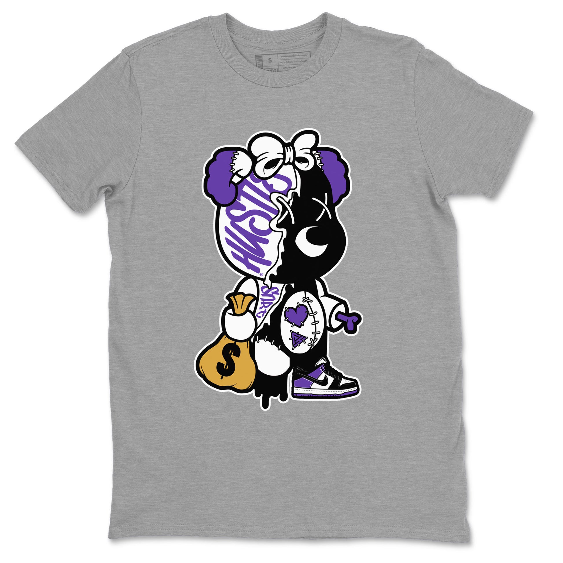 Stitched Hustle Bear unique Halloween sneaker tee to Court Purple Dunks street fashion brand for shirts to match Jordans SNRT Sneaker Tees Dunk Low Court Purple unisex t-shirt Heather Grey 2 unisex shirt