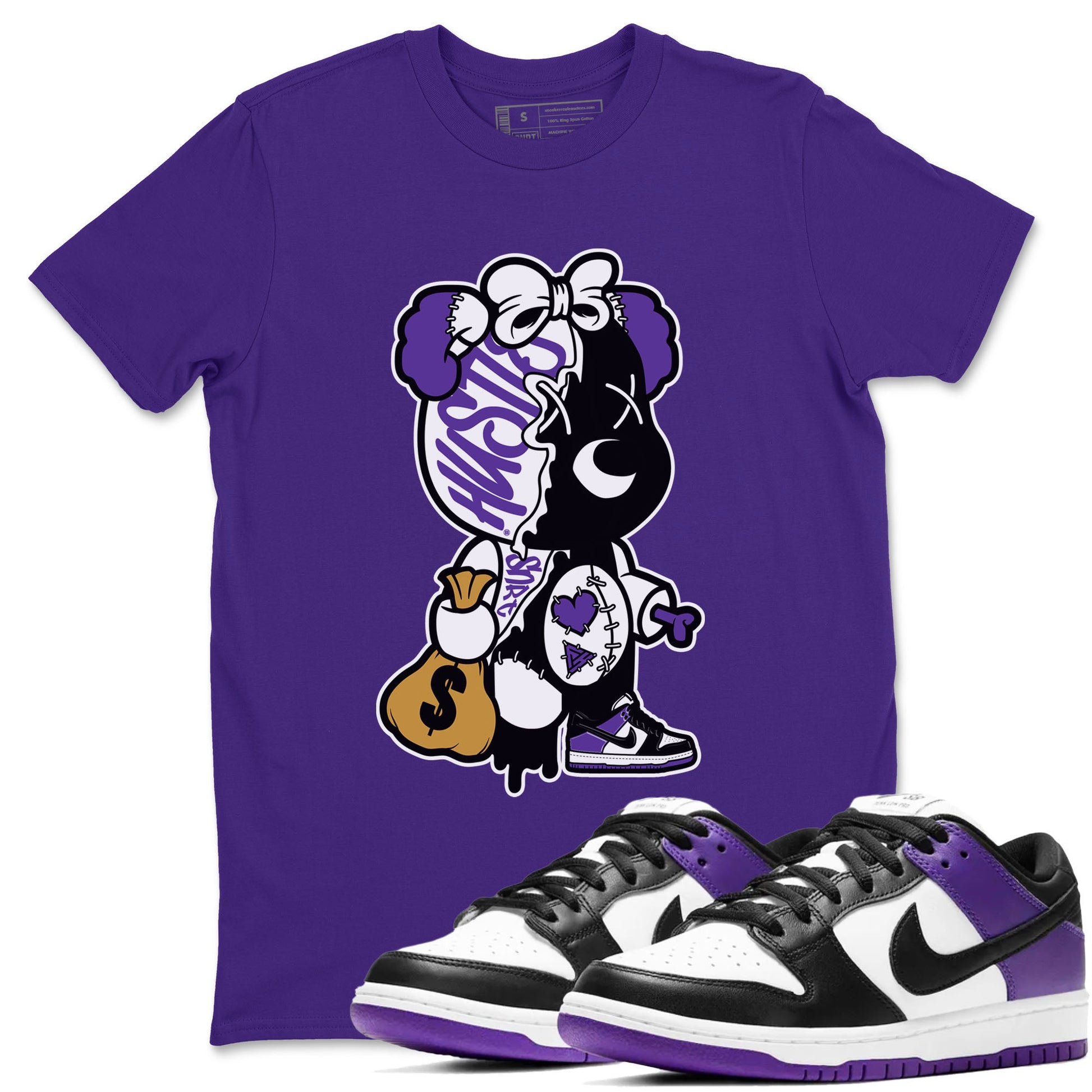Stitched Hustle Bear unique Halloween sneaker tee to Court Purple Dunks street fashion brand for shirts to match Jordans SNRT Sneaker Tees Dunk Low Court Purple unisex t-shirt Purple 1 unisex shirt