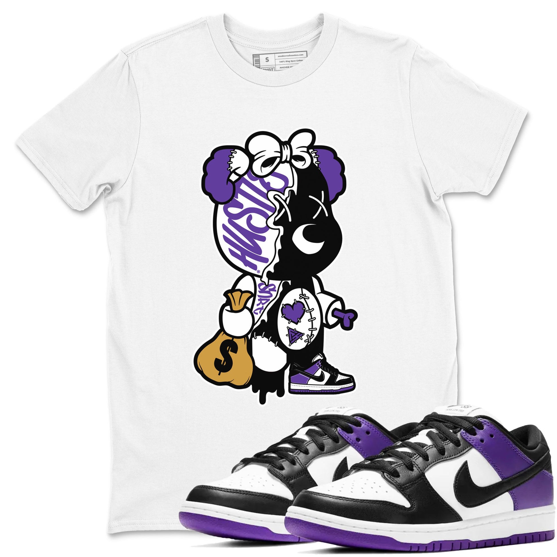 Stitched Hustle Bear unique Halloween sneaker tee to Court Purple Dunks street fashion brand for shirts to match Jordans SNRT Sneaker Tees Dunk Low Court Purple unisex t-shirt White 1 unisex shirt