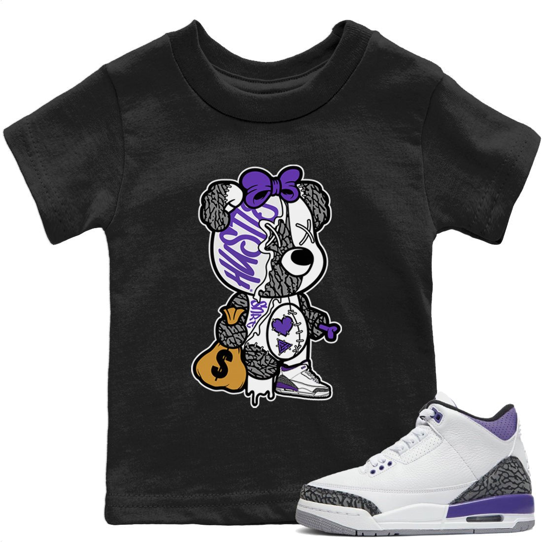 Jordan 3 Dark Iris unique Halloween sneaker tee Stitched Hustle Bear Sneaker Tees Jordan 3 Dark Iris Sneaker Release Tees Kids Shirts