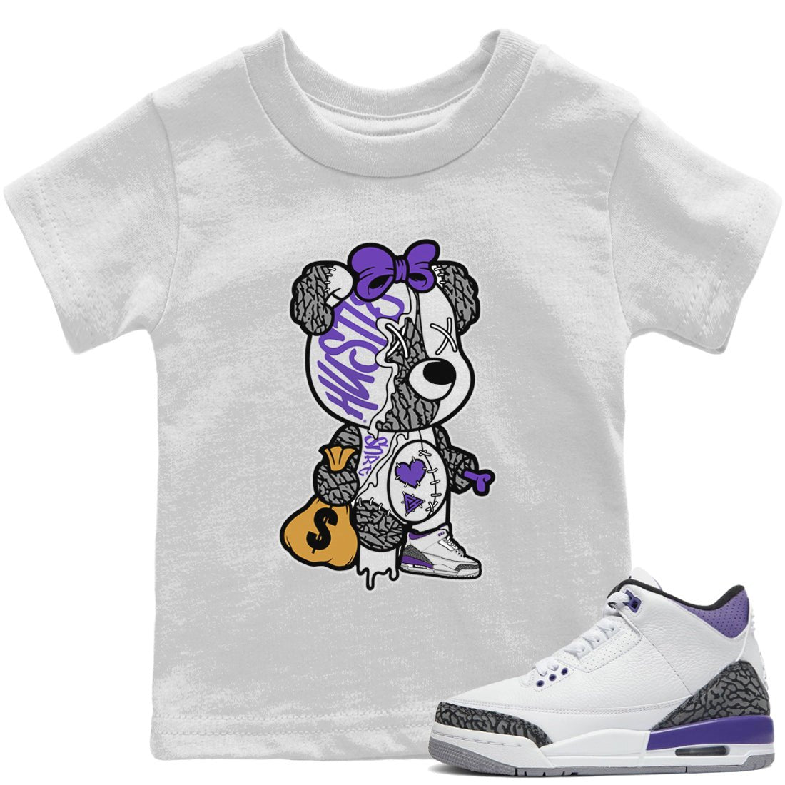Jordan 3 Dark Iris unique Halloween sneaker tee Stitched Hustle Bear Sneaker Tees Jordan 3 Dark Iris Sneaker Release Tees Kids Shirts