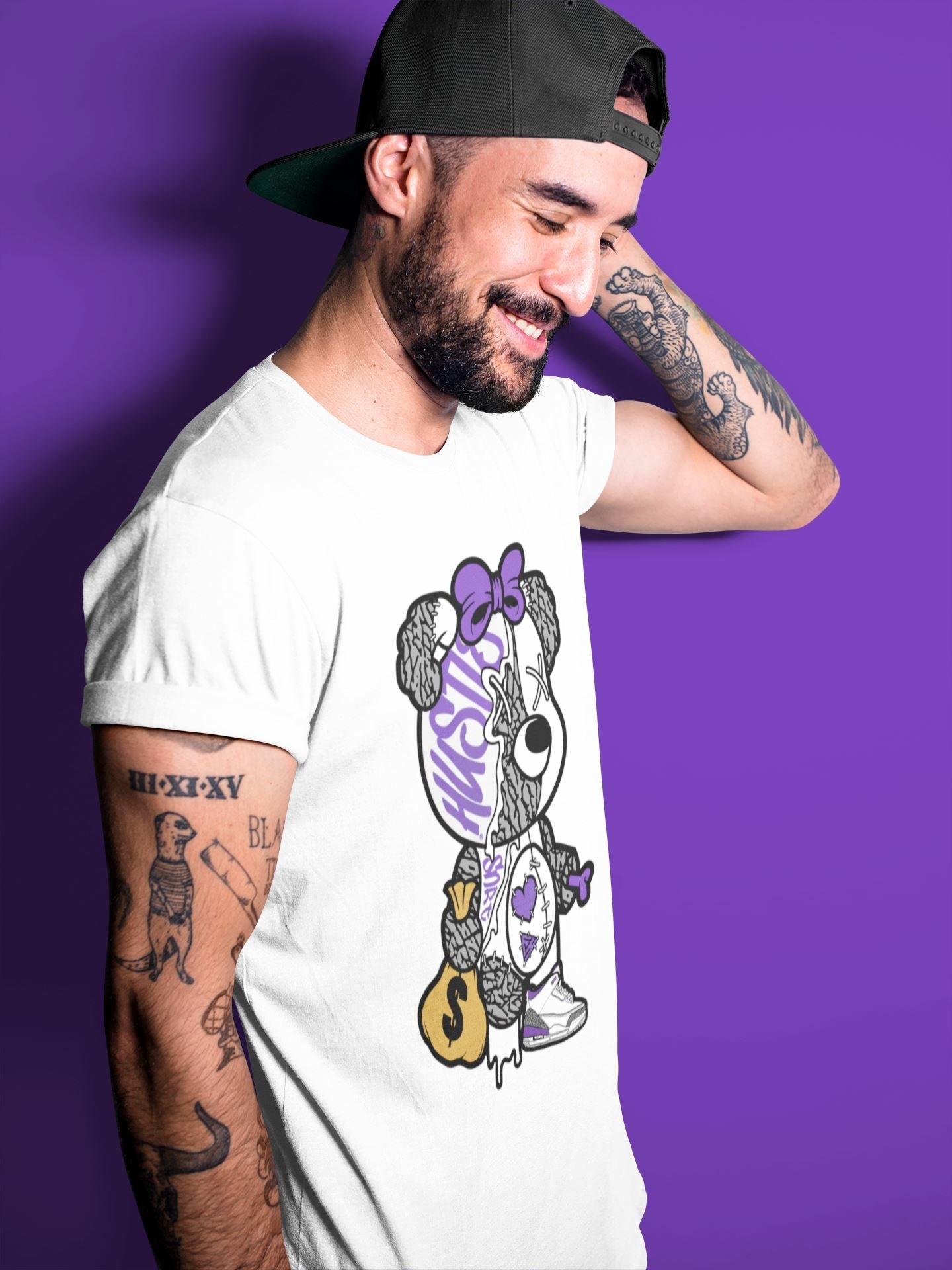 Jordan 3 Dark Iris unique Halloween sneaker tee Stitched Hustle Bear Sneaker Tees Jordan 3 Dark Iris Sneaker Release Tees Unisex Shirts