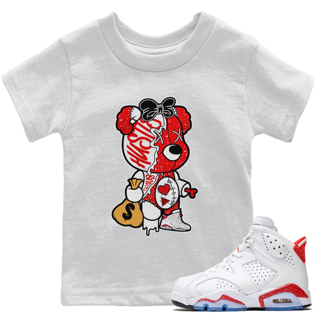 Jordan 6 Red Velvet Cookies unique Halloween sneaker tee Stitched Hustle Bear Sneaker Tees Jordan 6 Red Velvet Cookies Sneaker Release Tees Kids Shirts