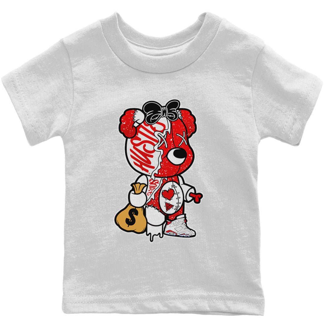 Jordan 6 Red Velvet Cookies unique Halloween sneaker tee Stitched Hustle Bear Sneaker Tees Jordan 6 Red Velvet Cookies Sneaker Release Tees Kids Shirts