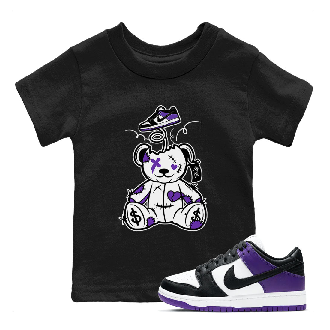 Surprise Teddy Bear sneaker match tees to Court Purple Dunks street fashion brand for shirts to match Jordans SNRT Sneaker Tees Dunk Low Court Purple unisex t-shirt Black 1 youth shirt