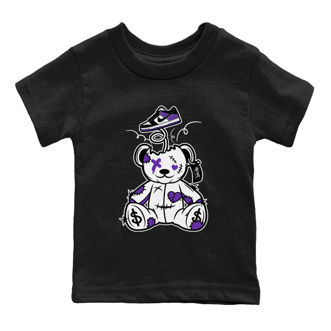 Surprise Teddy Bear sneaker match tees to Court Purple Dunks street fashion brand for shirts to match Jordans SNRT Sneaker Tees Dunk Low Court Purple unisex t-shirt Black 2 youth shirt