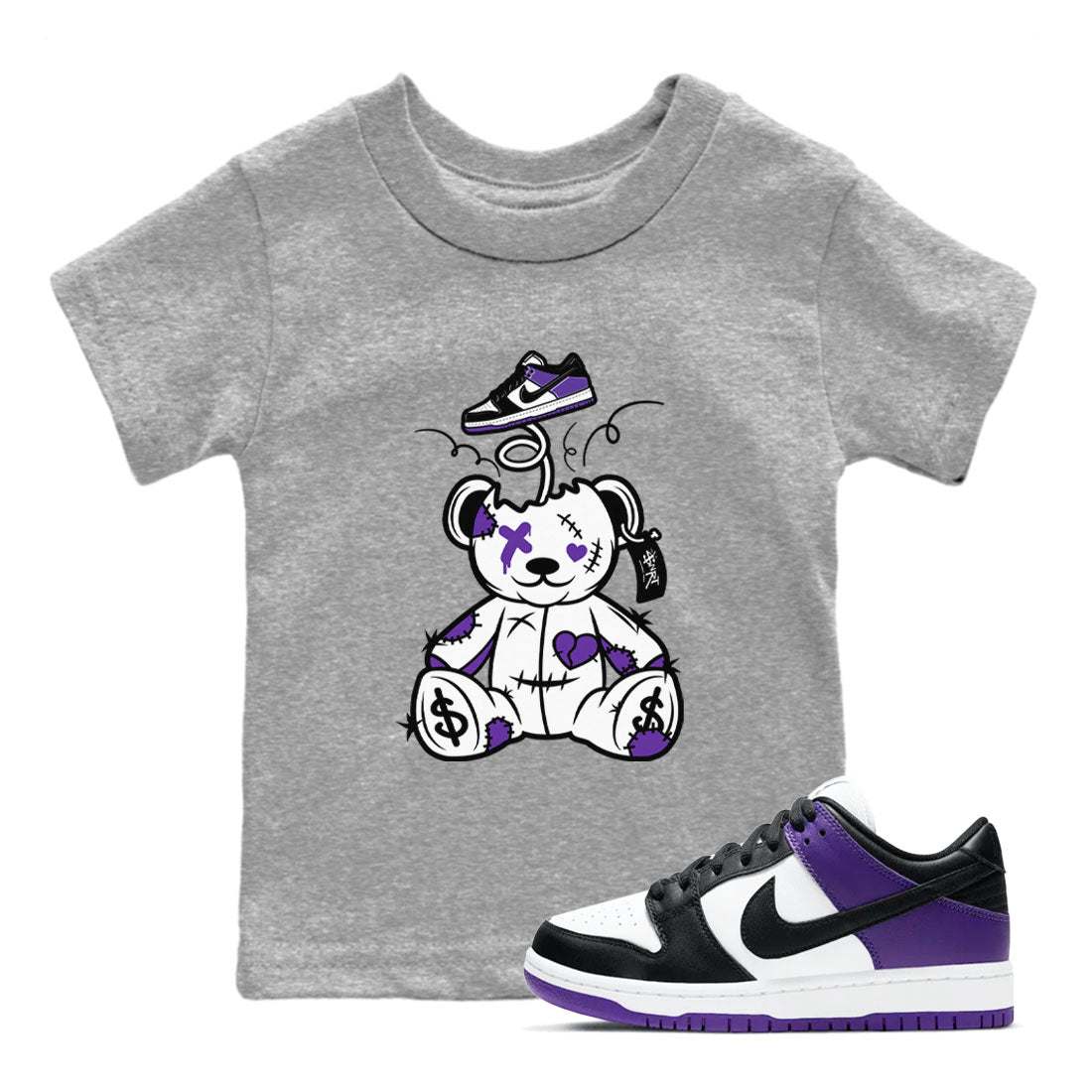 Surprise Teddy Bear sneaker match tees to Court Purple Dunks street fashion brand for shirts to match Jordans SNRT Sneaker Tees Dunk Low Court Purple unisex t-shirt Heather Grey 1 youth shirt