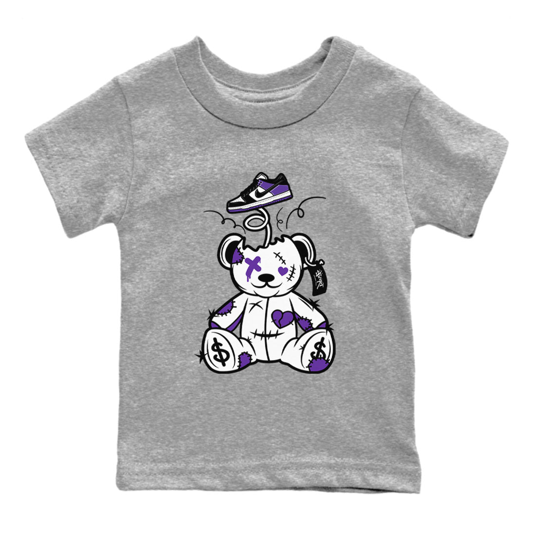 Surprise Teddy Bear sneaker match tees to Court Purple Dunks street fashion brand for shirts to match Jordans SNRT Sneaker Tees Dunk Low Court Purple unisex t-shirt Heather Grey 2 youth shirt