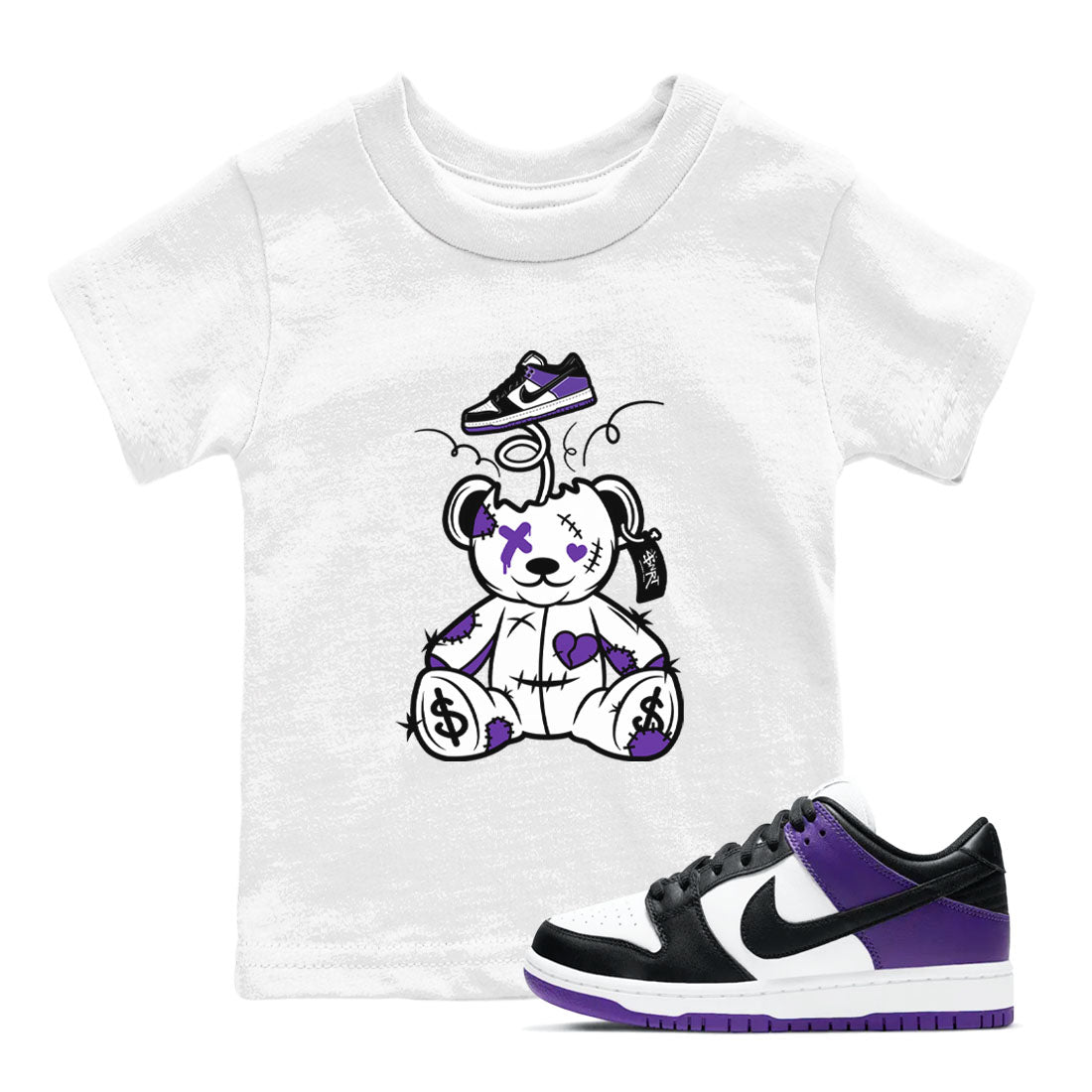 Surprise Teddy Bear sneaker match tees to Court Purple Dunks street fashion brand for shirts to match Jordans SNRT Sneaker Tees Dunk Low Court Purple unisex t-shirt White 1 youth shirt