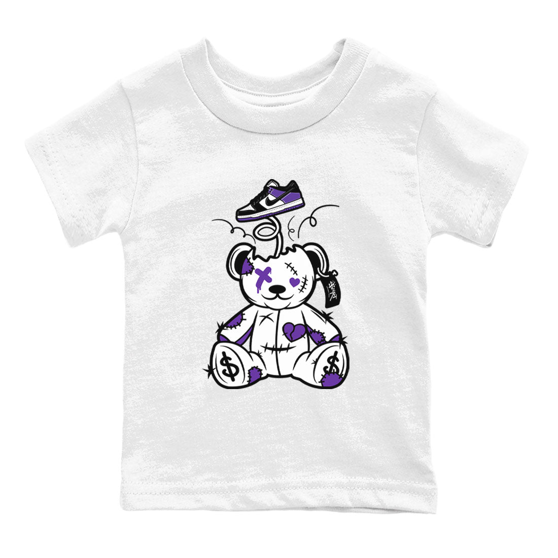 Surprise Teddy Bear sneaker match tees to Court Purple Dunks street fashion brand for shirts to match Jordans SNRT Sneaker Tees Dunk Low Court Purple unisex t-shirt White 2 youth shirt