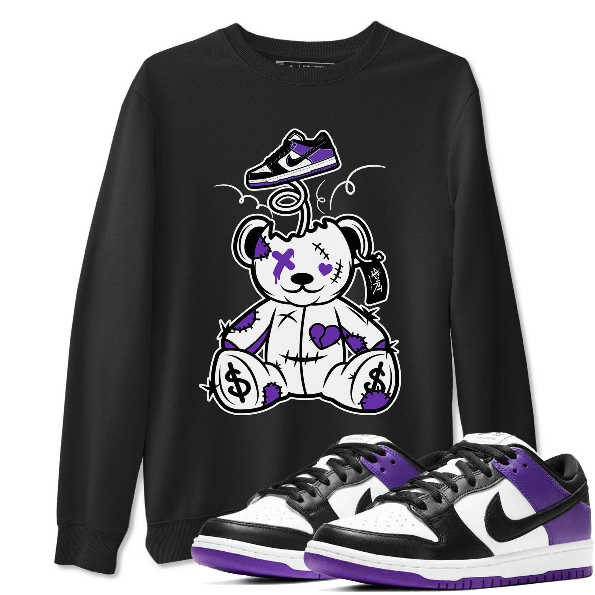 Surprise Teddy Bear sneaker match tees to Court Purple Dunks street fashion brand for shirts to match Jordans SNRT Sneaker Tees Dunk Low Court Purple unisex t-shirt Black 1 unisex shirt