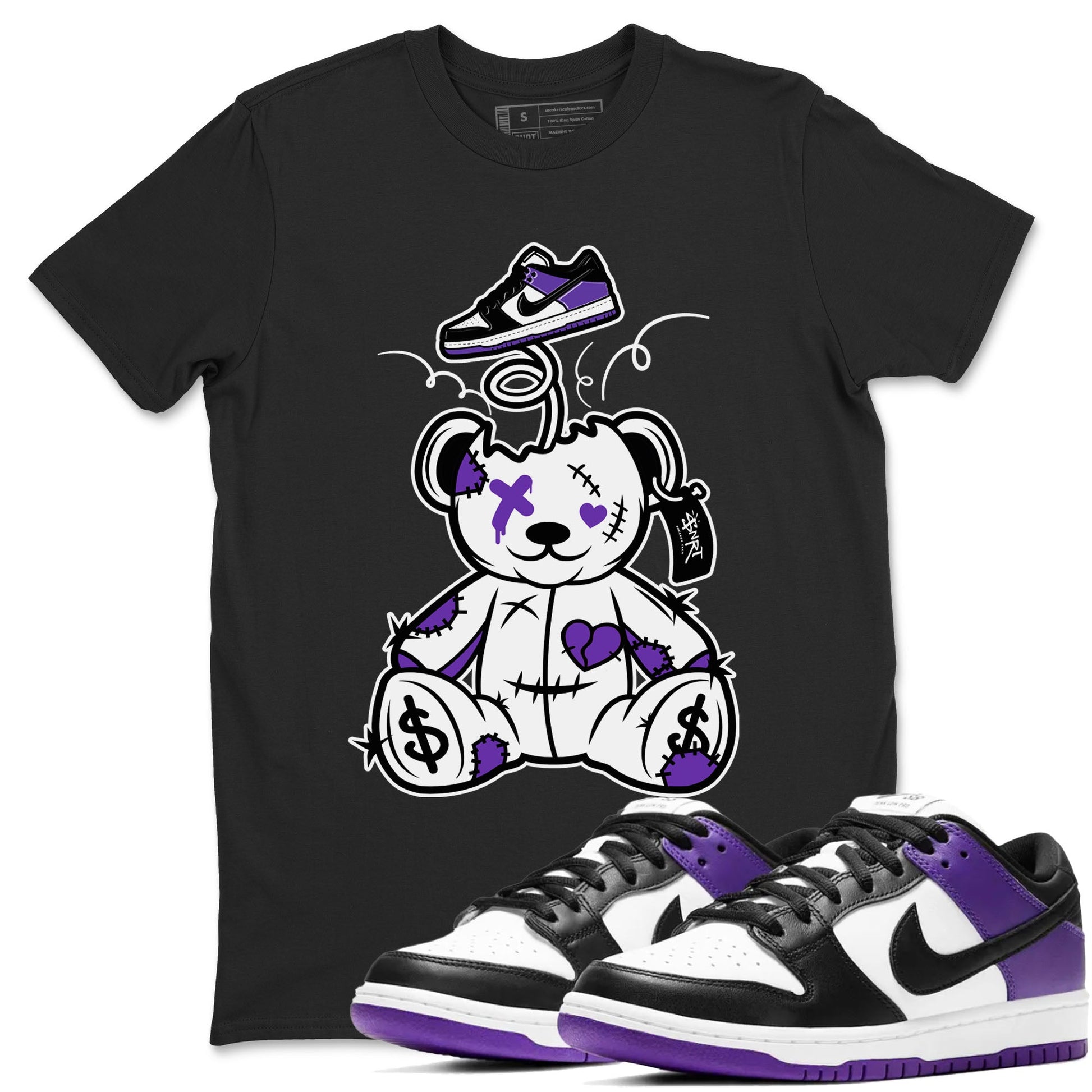 Surprise Teddy Bear sneaker match tees to Court Purple Dunks street fashion brand for shirts to match Jordans SNRT Sneaker Tees Dunk Low Court Purple unisex t-shirt Black 1 unisex shirt