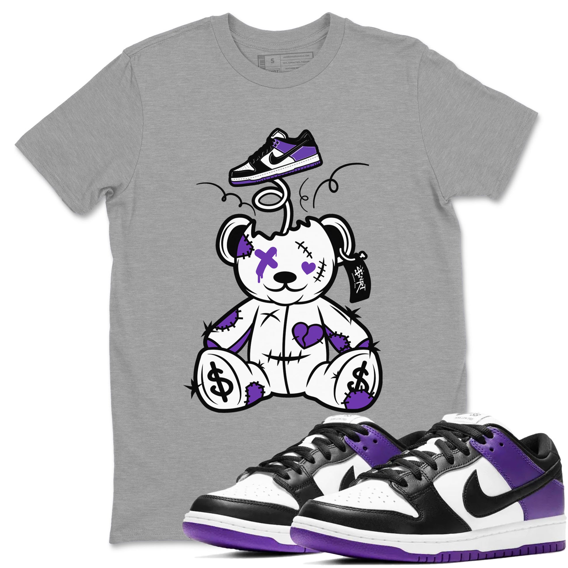 Surprise Teddy Bear sneaker match tees to Court Purple Dunks street fashion brand for shirts to match Jordans SNRT Sneaker Tees Dunk Low Court Purple unisex t-shirt Heather Grey 1 unisex shirt