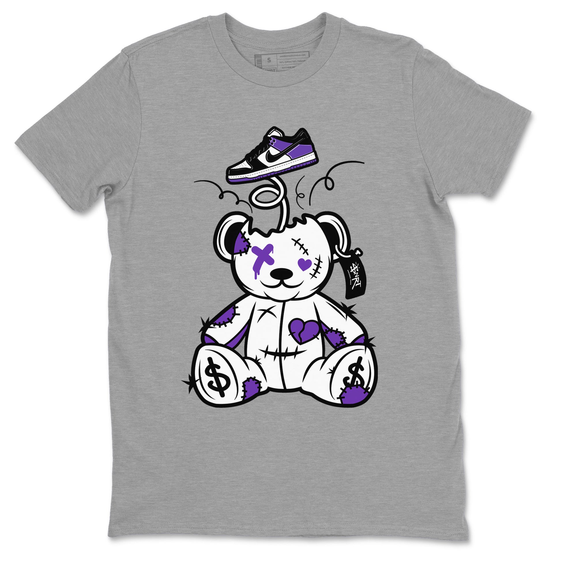 Surprise Teddy Bear sneaker match tees to Court Purple Dunks street fashion brand for shirts to match Jordans SNRT Sneaker Tees Dunk Low Court Purple unisex t-shirt Heather Grey 2 unisex shirt