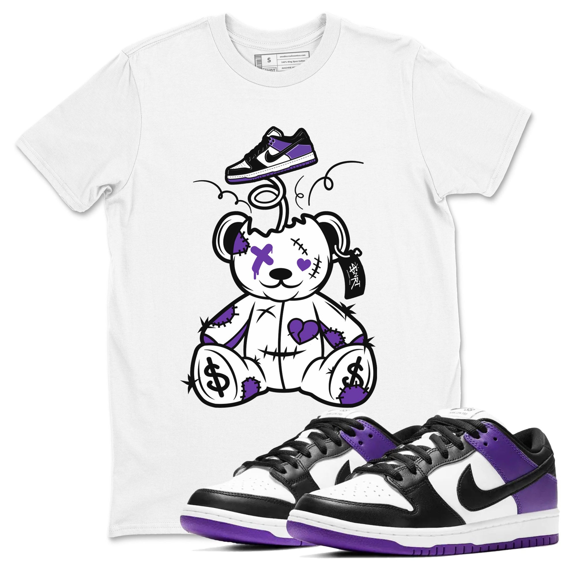 Surprise Teddy Bear sneaker match tees to Court Purple Dunks street fashion brand for shirts to match Jordans SNRT Sneaker Tees Dunk Low Court Purple unisex t-shirt White 1 unisex shirt