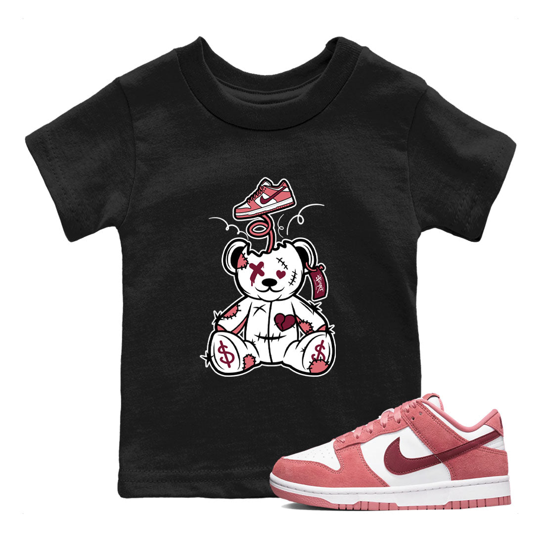 Dunk Valentine's Day shirt to match jordans Surprise Teddy Bear sneaker tees Dunks Valentine's Day SNRT sneaker release tees baby toddler Black 1 cotton Shirt
