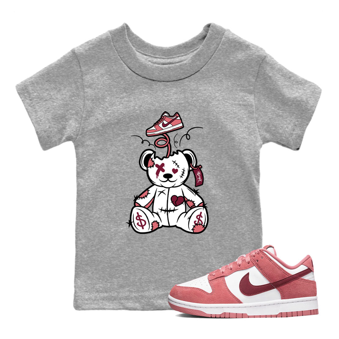 Dunk Valentine's Day shirt to match jordans Surprise Teddy Bear sneaker tees Dunks Valentine's Day SNRT sneaker release tees baby toddler Heather Grey 1 cotton Shirt