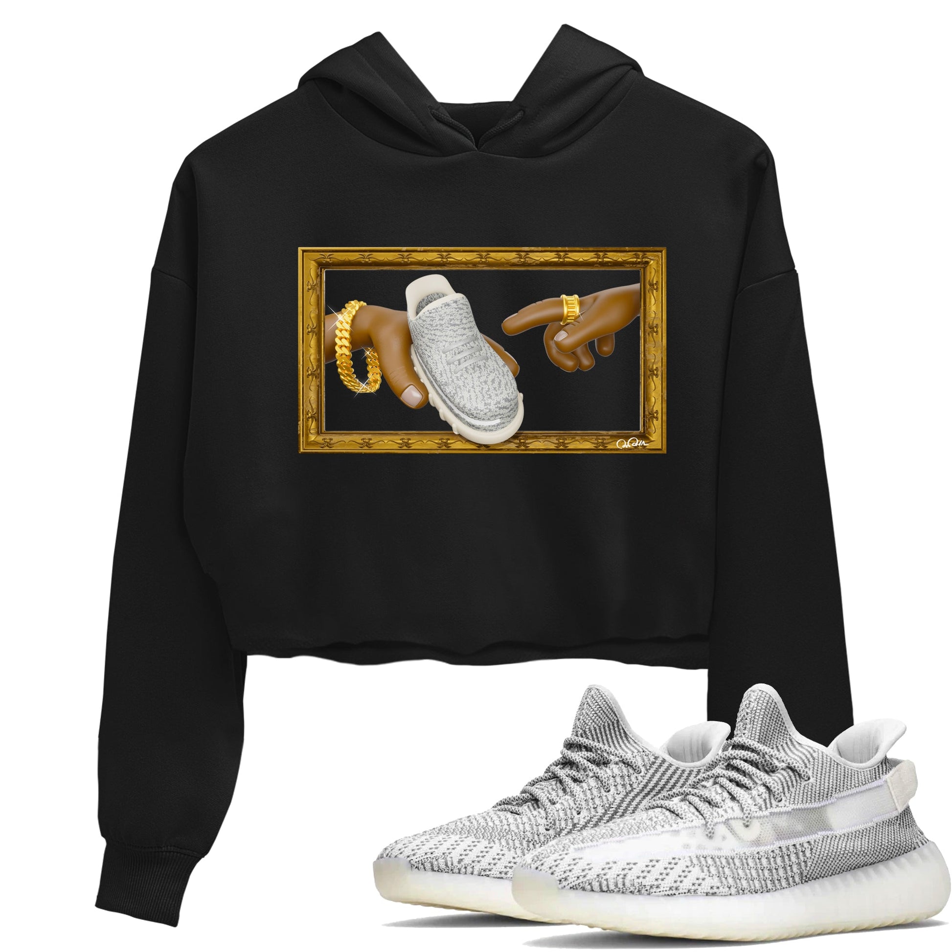 Yeezy 350 Static shirt to match jordans The Creation Of Adam sneaker tees Adidas Yeezy 350 Static SNRT Sneaker Release Tees Black 1 Crop T-Shirt