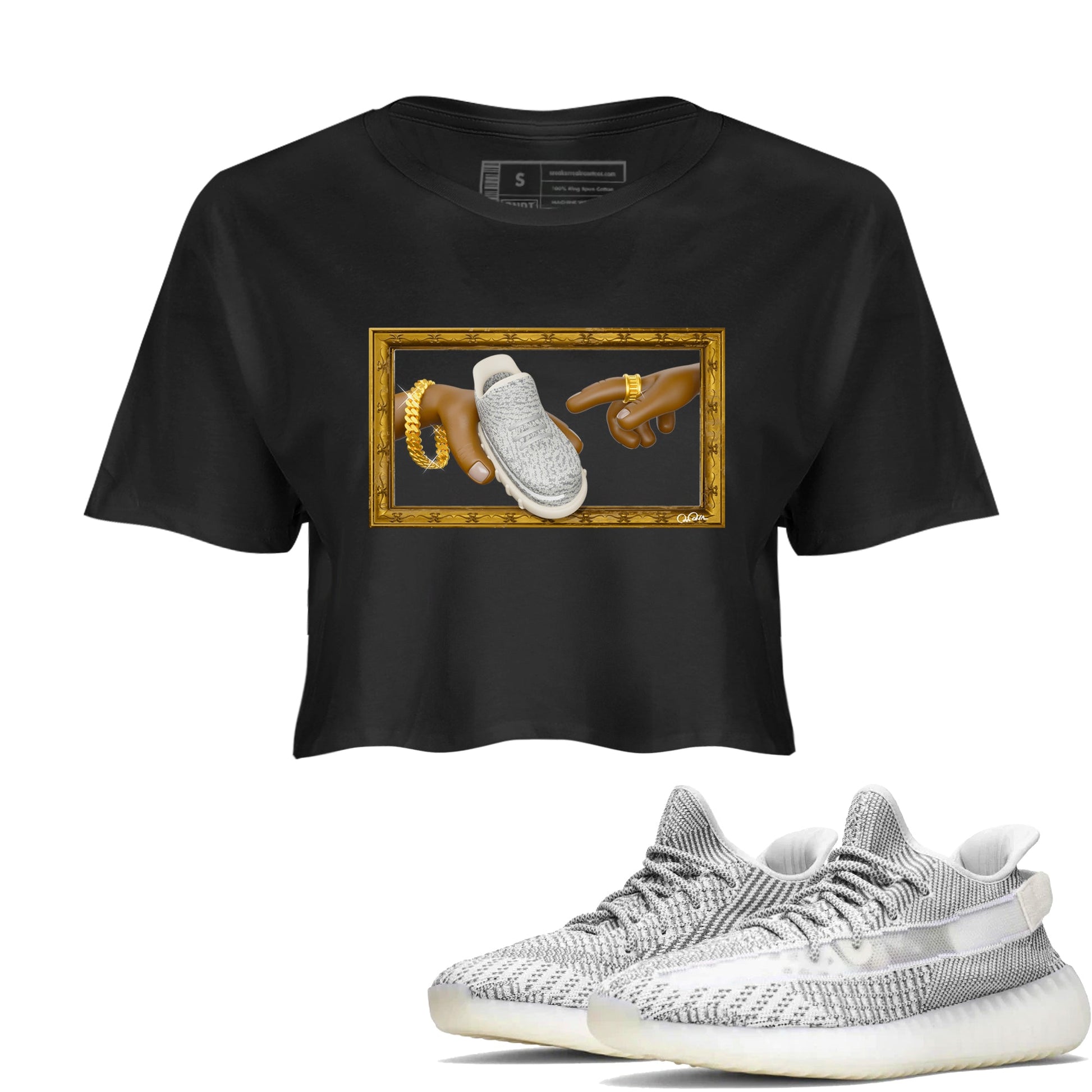 Yeezy 350 Static shirt to match jordans The Creation Of Adam sneaker tees Adidas Yeezy 350 Static SNRT Sneaker Release Tees Black 1 Crop T-Shirt