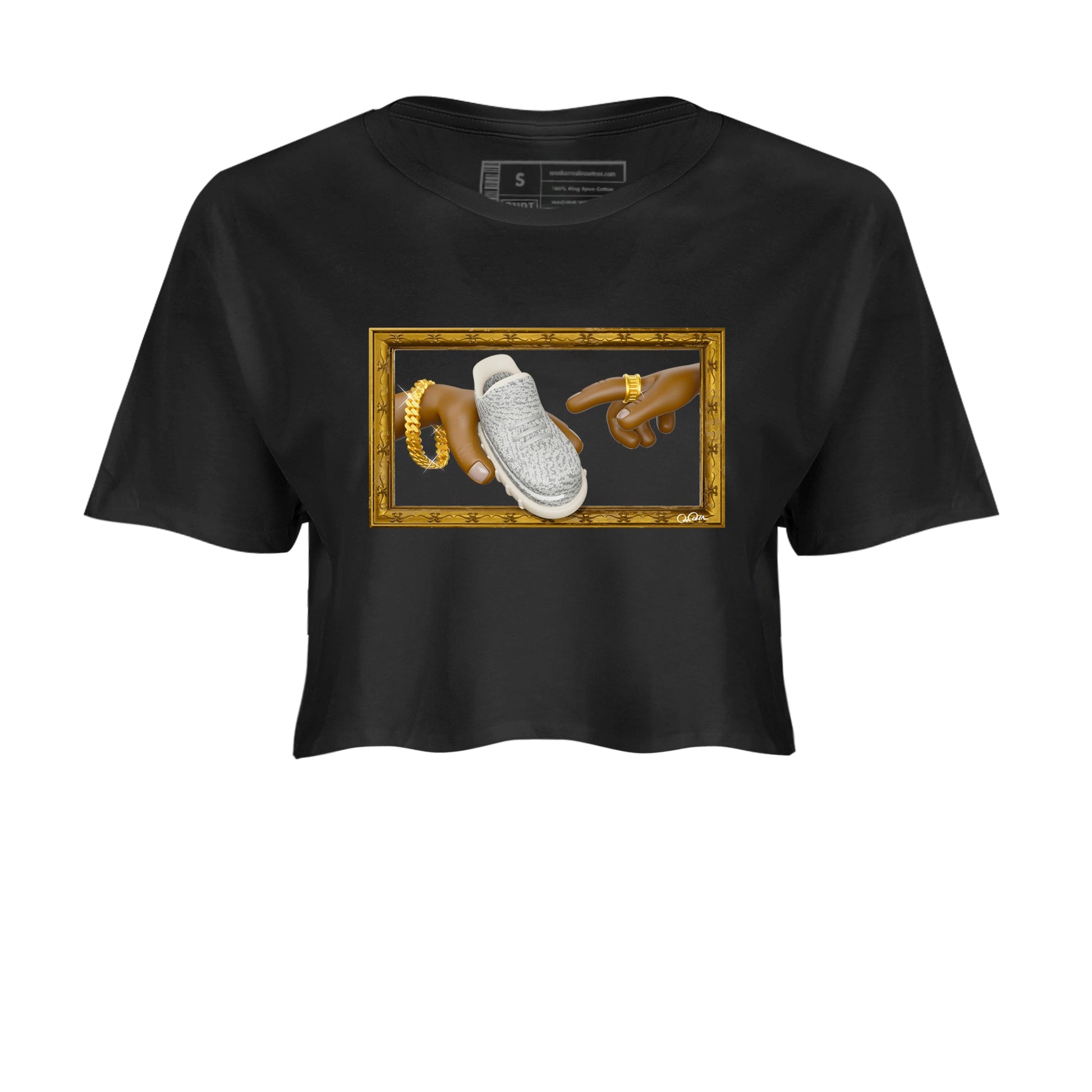 Yeezy 350 Static shirt to match jordans The Creation Of Adam sneaker tees Adidas Yeezy 350 Static SNRT Sneaker Release Tees Black 2 Crop T-Shirt