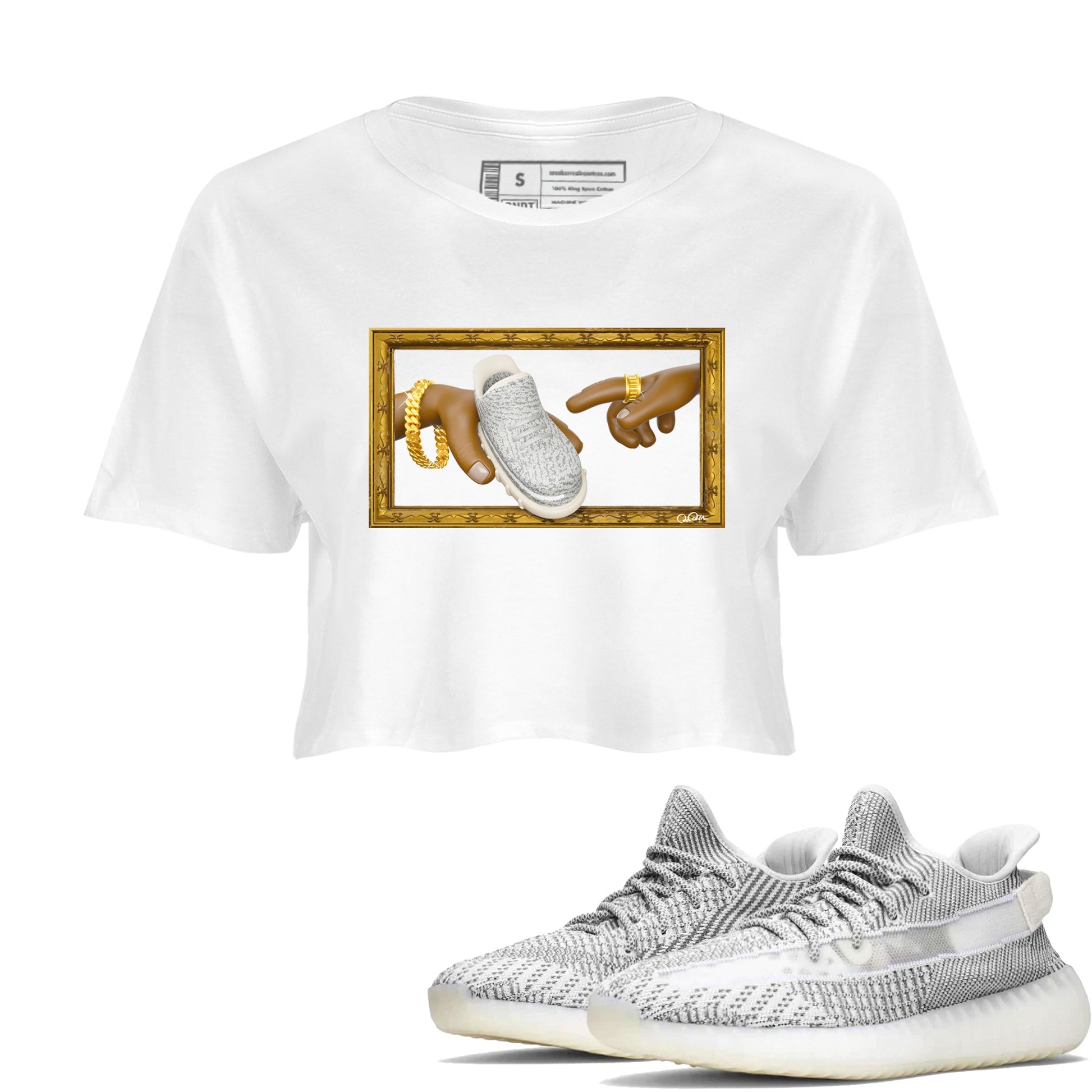 Yeezy 350 Static shirt to match jordans The Creation Of Adam sneaker tees Adidas Yeezy 350 Static SNRT Sneaker Release Tees White 1 Crop T-Shirt