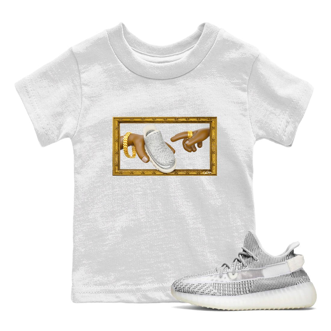 Yeezy 350 Static shirt to match jordans The Creation Of Adam sneaker tees Adidas Yeezy 350 Static SNRT Sneaker Release Tees Baby Toddler White 1 T-Shirt