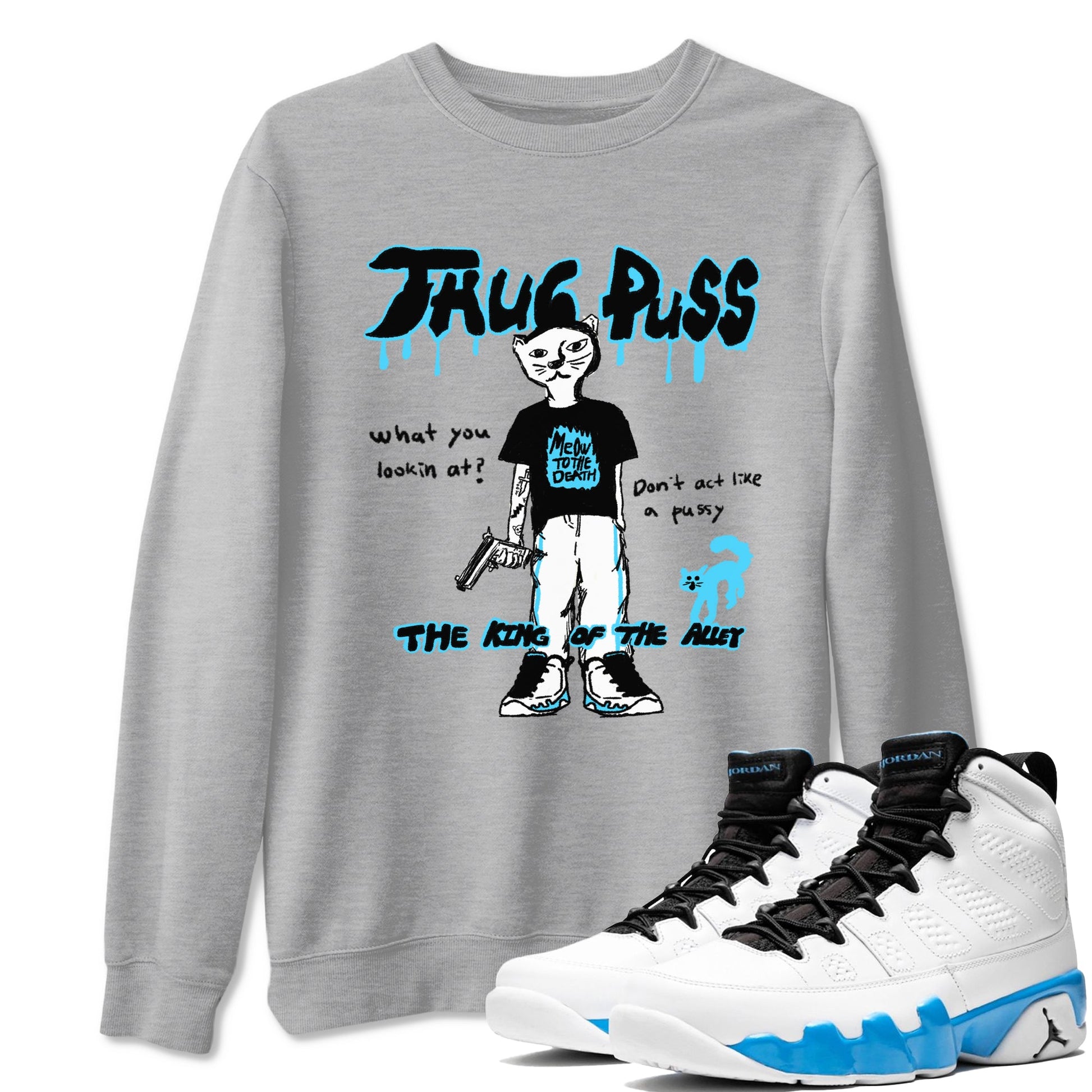 9s Powder Blue shirt to match jordans Thug Puss sneaker tees Air Jordan 9 Powder Blue SNRT Sneaker Release Tees unisex cotton Heather Grey 1 crew neck shirt