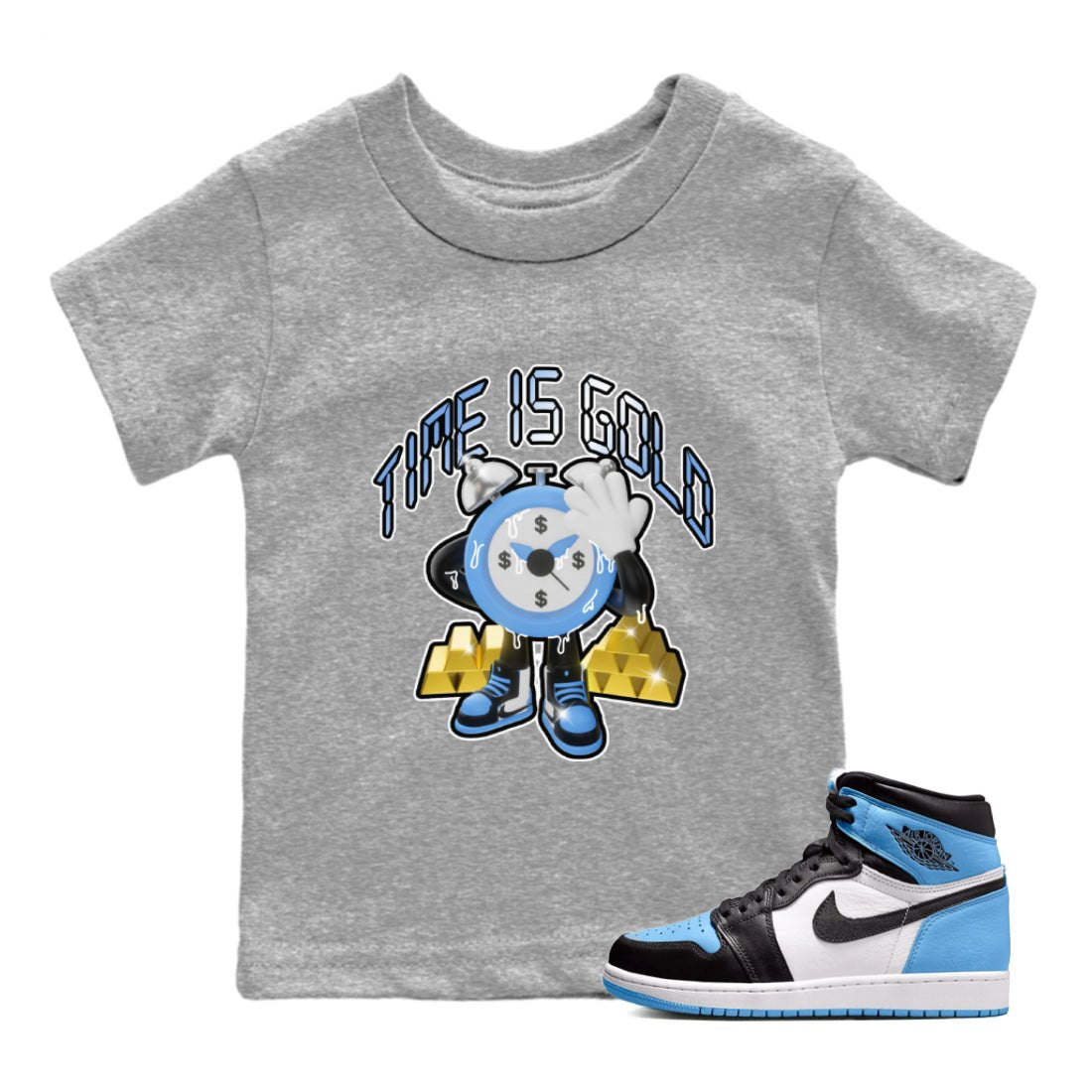 Air Jordan 1 UNC Toe shirt to match jordans Time Is Gold sneaker tees AJ1 UNC Toe SNRT Sneaker Release Tees Baby Toddler Heather Grey 1 T-Shirt