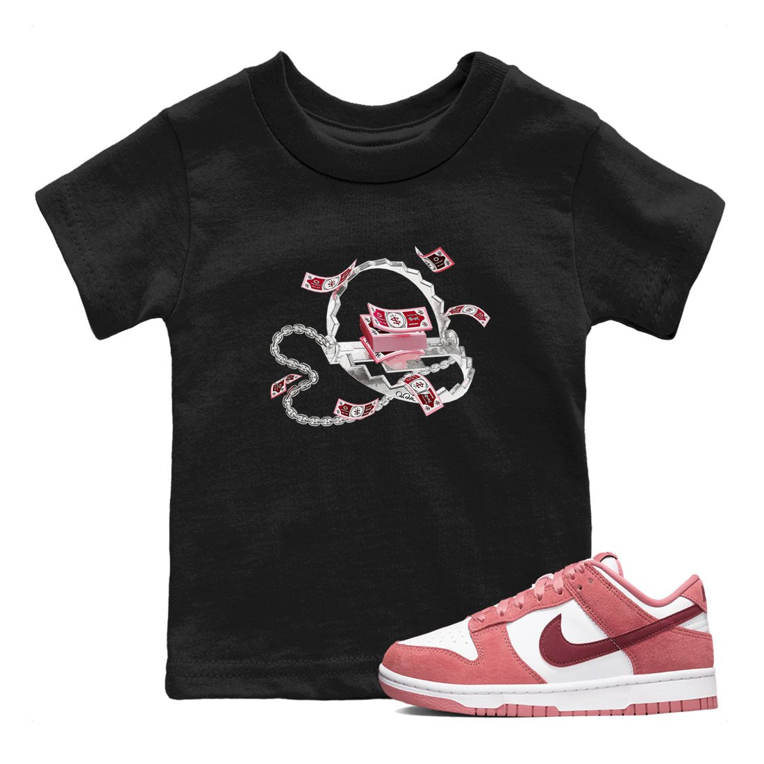 Dunk Valentines Day 2024 shirt to match jordans Trap Money sneaker tees Valentines Day Gift SNRT sneaker release tees baby toddler Black 1 cotton Shirt