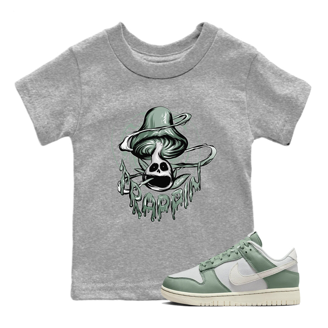 Dunk Mica Green Sneaker Match Tees Trippin Mushroom Sneaker Tees Dunk Low Mica Green Sneaker Release Tees Kids Shirts Heather Grey 1