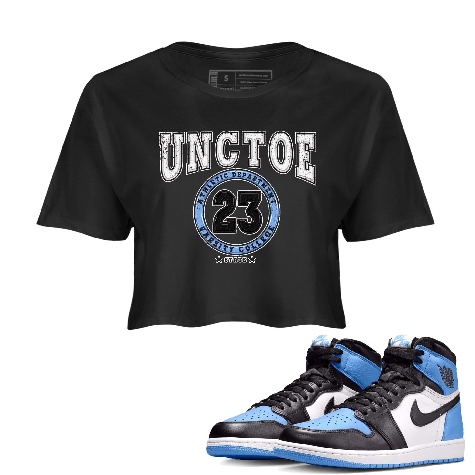 Air Jordan 1 Retro High OG University Blue shirt to match jordans Varsity sneaker tees Air Jordan 1 UNC Toe SNRT Sneaker Release Tees Black 1 Crop T-Shirt