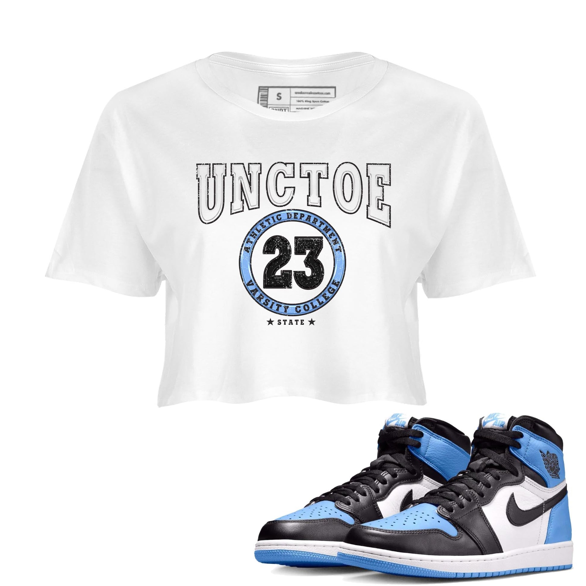 Air Jordan 1 Retro High OG University Blue shirt to match jordans Varsity sneaker tees Air Jordan 1 UNC Toe SNRT Sneaker Release Tees White 1 Crop T-Shirt