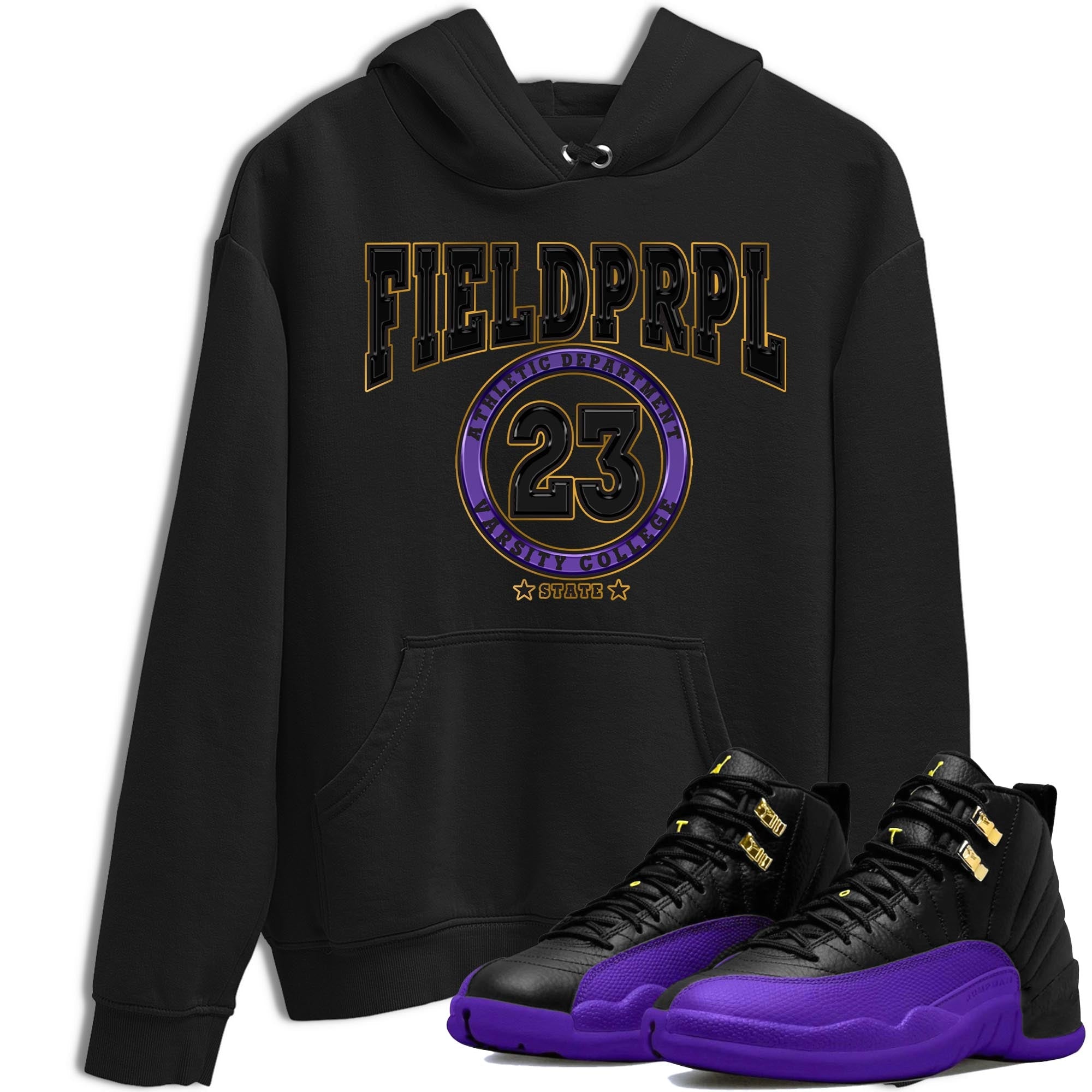 CarlyleWood Custom Jordan 23 Shoes Baseball Jersey Shirt to Match Black Field Purple 12S Tee, Jordan 12 Field Purple Matching Baseball Jersey