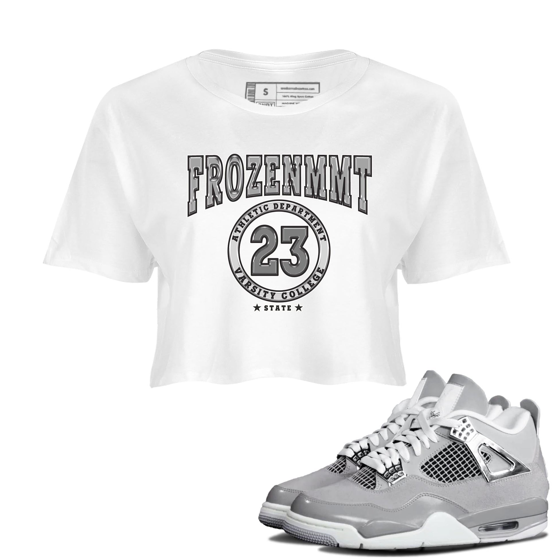 AJ4 Frozen Moments shirt to match jordans Varsity sneaker tees Crew Neck AJ4 Frozen Moments SNRT Sneaker Release Tees White 1 Crop T-Shirt