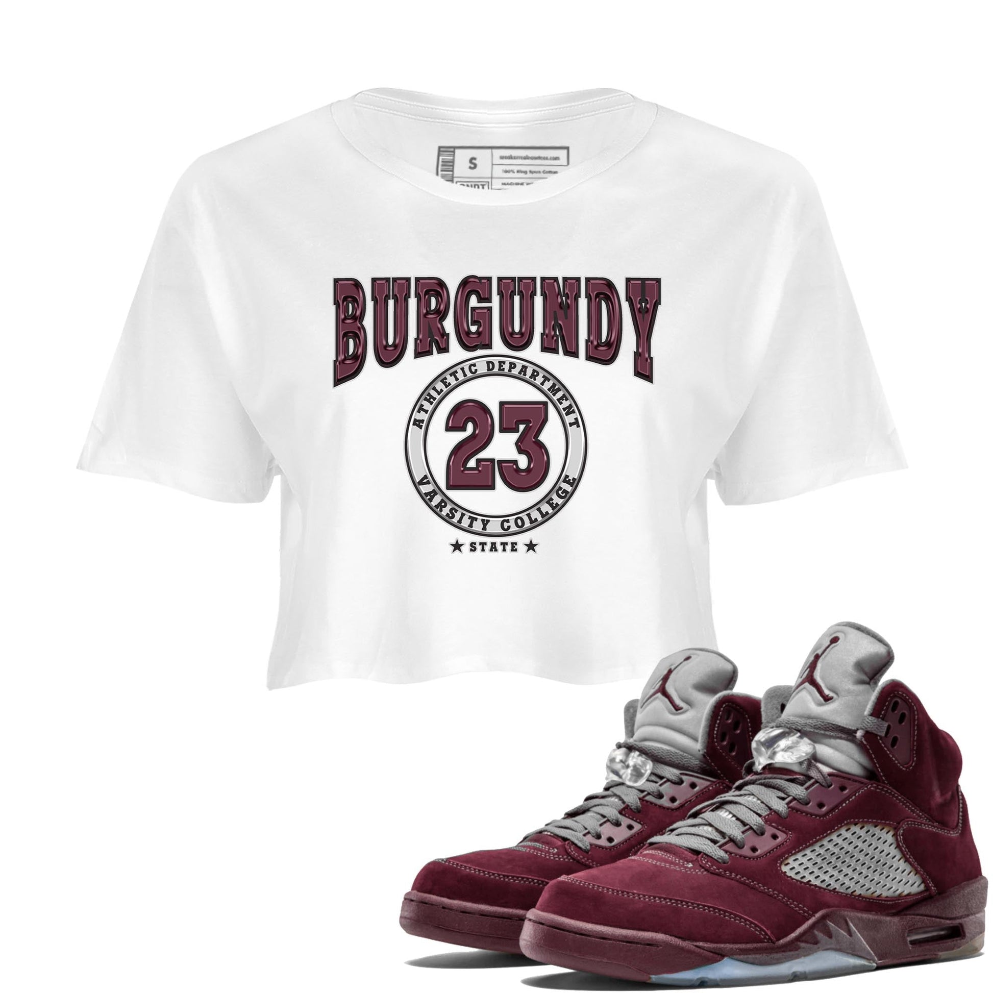 Jordan 5 Burgundy shirt to match jordans Varsity sneaker tees Crew Neck AJ5 Burgundy SNRT Sneaker Release Tees White 1 Crop T-Shirt