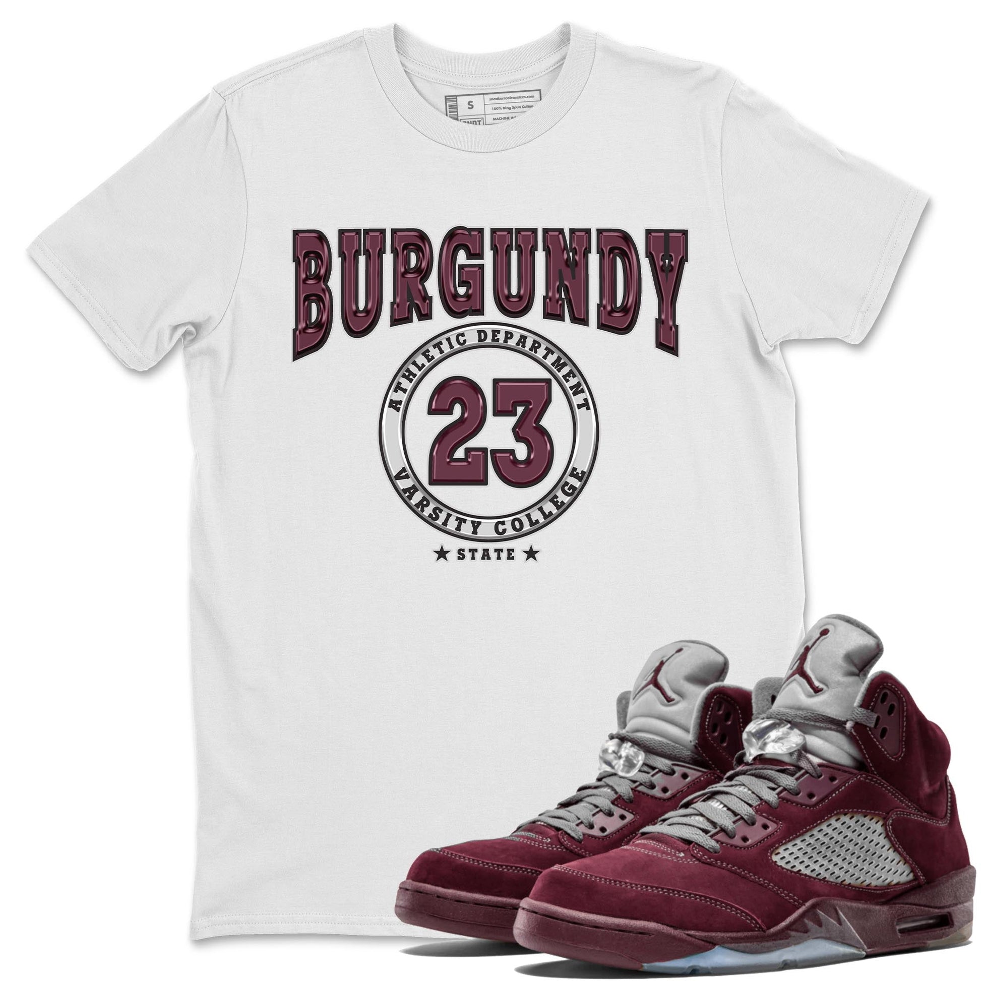 Jordan 5 Burgundy shirt to match jordans Varsity sneaker tees Crew Neck AJ5 Burgundy SNRT Sneaker Release Tees Unisex Casual Shirts White 1 T-Shirt