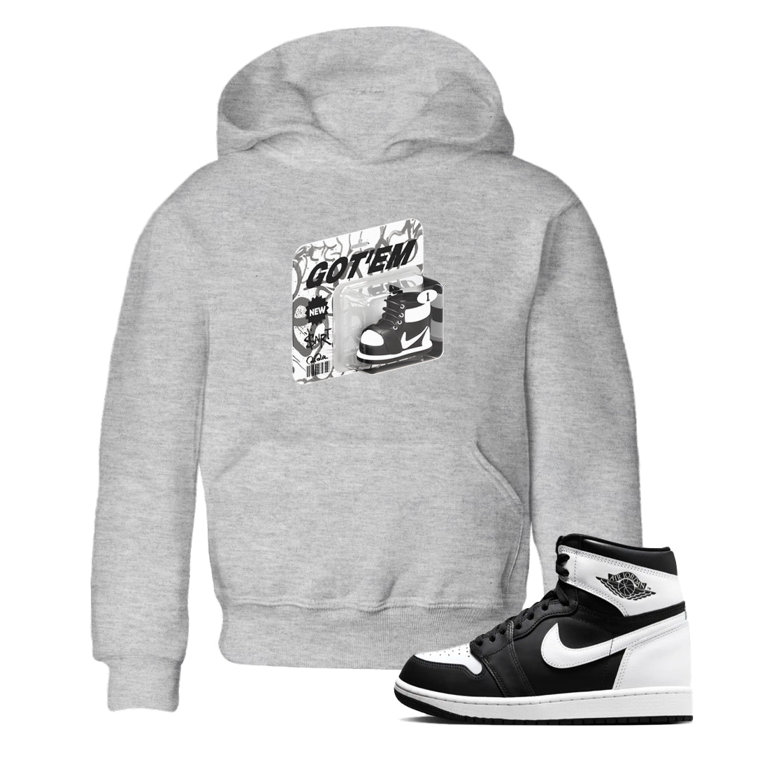 1s Black White shirt to match jordans Vintage Toy Packaging sneaker tees Air Jordan 1 High OG Black White SNRT sneaker release tees baby toddler Heather Grey 1 cotton Shirt