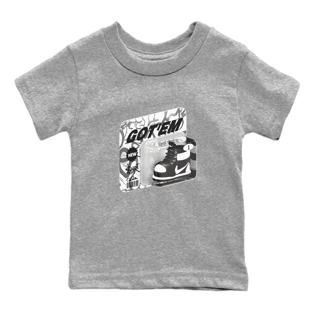1s Black White shirt to match jordans Vintage Toy Packaging sneaker tees Air Jordan 1 High OG Black White SNRT sneaker release tees baby toddler Heather Grey 2 cotton Shirt